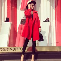 雅泊妮秋冬季女款大红色廓形显瘦羊毛大衣外套羊毛呢子冬大衣 女 中长款