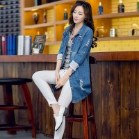 雅泊妮秋装新款2015牛仔外套 女 中长款 韩版宽松破洞牛仔衣 潮