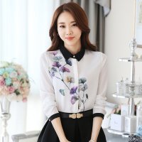 雅泊妮2016春装新款女装修身印花长袖雪纺衬衫上衣女