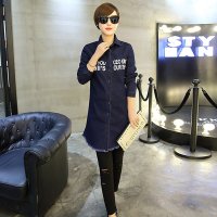 雅泊妮印花卡通兔牛仔衬衣牛仔打底衫女中长款修身牛仔服