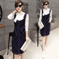 雅泊妮2016春夏装新款 韩版口袋无袖开叉背带牛仔连衣裙配套装-6831