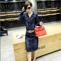 雅泊妮2016春韩版修身显瘦气质OL通勤包臀长袖牛仔连衣裙女装6792#