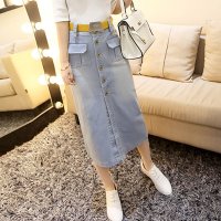 雅泊妮2016前开叉单排扣半身牛仔裙女裙子包臀显瘦春秋冬长裙女一步裙(配送腰带)