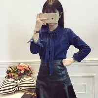 雅泊妮2016新款韩国时尚纯色口袋系带蝴蝶结宽松长袖牛仔衬衫 女6805#