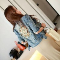 雅泊妮2016韩国新款 重口味背部华丽铆钉牛角设计感破洞牛仔短外套-6122#