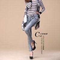雅泊妮2016 春夏新款蕾丝拼接浅色中腰牛仔裤女显瘦弹力小脚裤长裤-2051实拍
