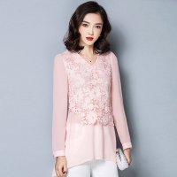 雅泊妮 2016春装新款修身V领长袖蕾丝打底衫中长款女-1611