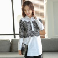 雅泊妮2016春装新款中长款白色衬衫蕾丝花边休闲衬衣女-1601#