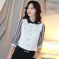 雅泊妮2016春装新款修身经典条纹雪纺娃娃领印花衬衣女-1606