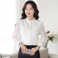 雅泊妮2016春装新款修身白色百搭长袖花边立领雪纺衬衫-1605