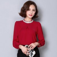 雅泊妮2016春装新款雪纺衬衫女长袖立领钉珠带钻打底衫-1618