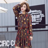 雅泊妮(YABONI)2016新款女装复古波点蝴蝶结领修身风琴褶长袖连衣裙预-6003