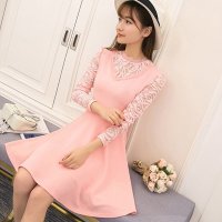 雅泊妮2016春夏新款女装韩版百搭显瘦针织拼接蕾丝打底裙连衣-11552