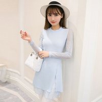 雅泊妮新款蕾丝拼接开叉中长款打底针织衫女显瘦连衣裙-11518