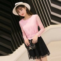 雅泊妮新款欧洲站大码女装修身显瘦蕾丝连衣裙针织长袖打底裙-11575