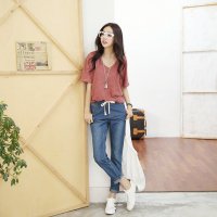 雅泊妮2016新品女长裤松紧腰系绳休闲小脚哈伦牛仔裤女-9133