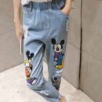 雅泊妮2016超模实拍哈伦裤牛仔裤长小脚垮裤韩版潮宽松风图案卡通-8168