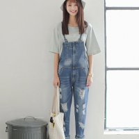 雅泊妮2016实拍秋宽松长裤bf风牛仔裤破洞牛仔背带裤女春-9176