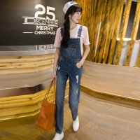 雅泊妮2016超模实拍复古水洗破洞牛仔裤休闲文艺牛仔背带裤宽松直筒女-9165