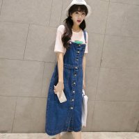 雅泊妮2016春季时尚韩版复古风单排扣口袋长款牛仔背带纯色连衣裙-9156