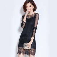 雅泊妮春季新款韩版套头修身包臀A字蕾丝网纱连衣裙女装打底衫