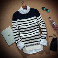 骆菲诗2015新款男士修身套头圆领毛衣 男士条纹拼色男式针织衫6007款