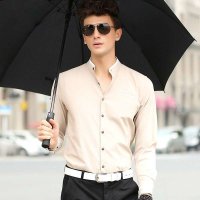 骆菲诗2016春季新款男士长袖立领衬衫 商务休闲个性纯色男士衬衣