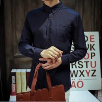 骆菲诗春秋男士长袖衬衫韩版牛津纺修身时尚纯色男青年休闲男式牛仔衬衣