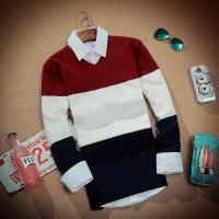 骆菲诗2015秋冬装男装 简约休闲细毛线男式毛衣 色织套头修身条纹撞色毛衣男 6023款