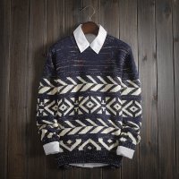 骆菲诗 LUOFEIS 男士加厚保暖韩版彩点针织衫外套 男套头圆领线衫 潮迷彩加厚毛衣男