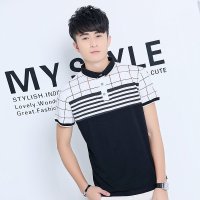 LUOFEIS Hengtu 新款男式短袖T恤 男士翻领条纹拼色青少年男士T恤衫一件代发