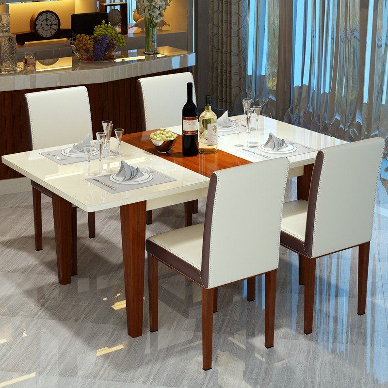 欧尚杰 餐桌椅组合4人 米白色钢化玻璃伸缩餐桌 简约大小户型餐桌
