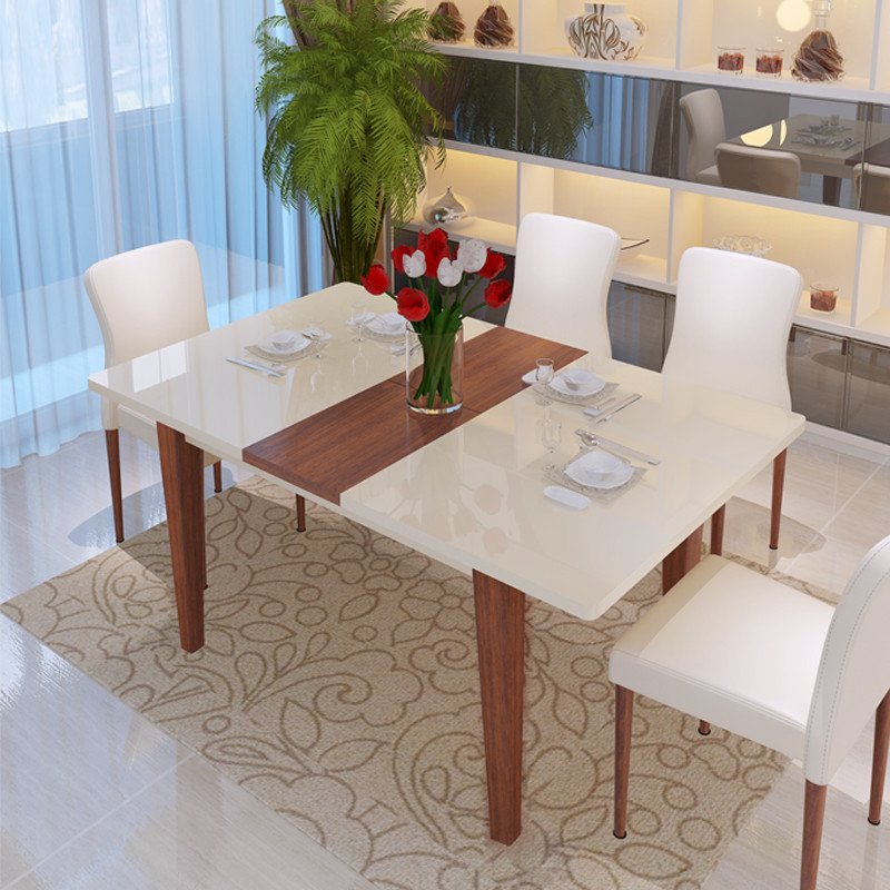 欧尚杰 餐桌椅组合4人 米白色钢化玻璃伸缩餐桌 简约大小户型餐桌