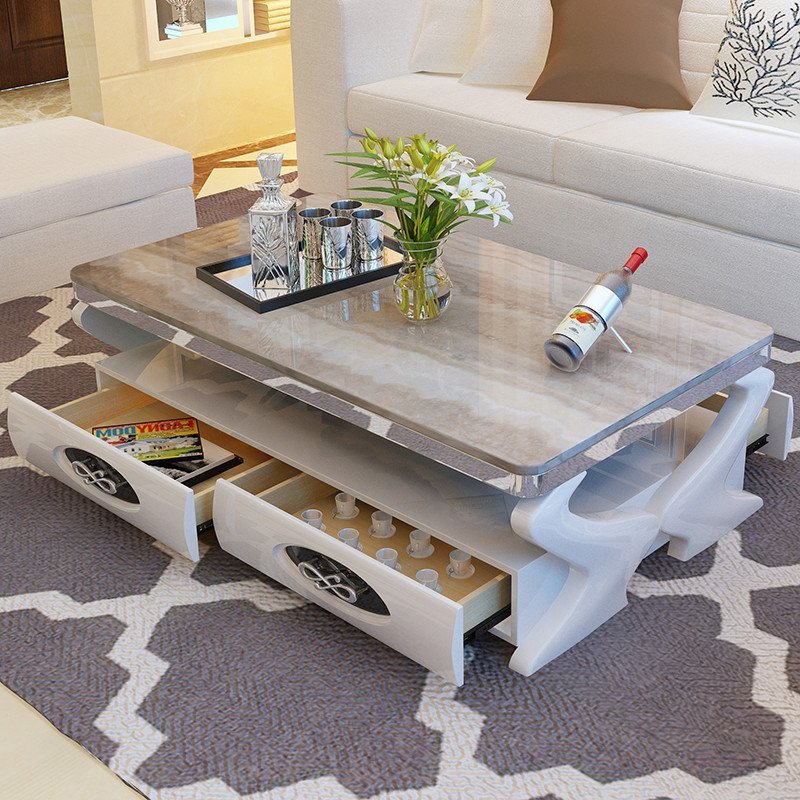 大理石台面茶几简约现代客厅小户型抽屉茶几组合时尚茶几