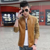 尊首(ZUNSHOU)2016春夏新款韩版男士夹克 男装大码立领皮拼接男卫衣外套加棉加厚