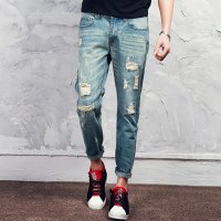 尊首(ZUNSHOU)2016春夏新品潮款韩版修身破洞男士牛仔裤 男九分牛仔裤