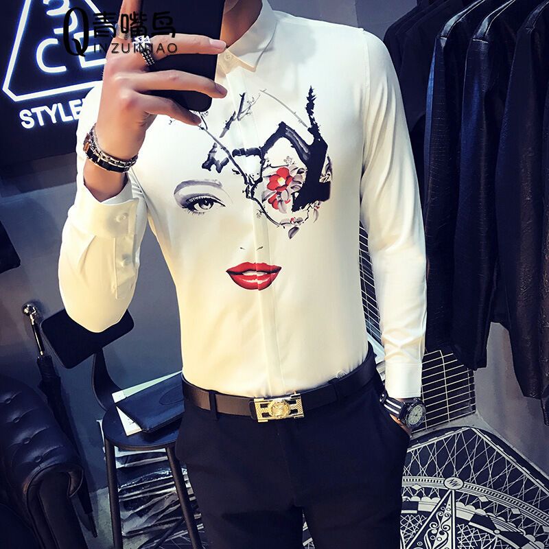 尊首新款20172017春季新款长袖衬衫男士修身韩版夜店印花薄款衬衣男白色