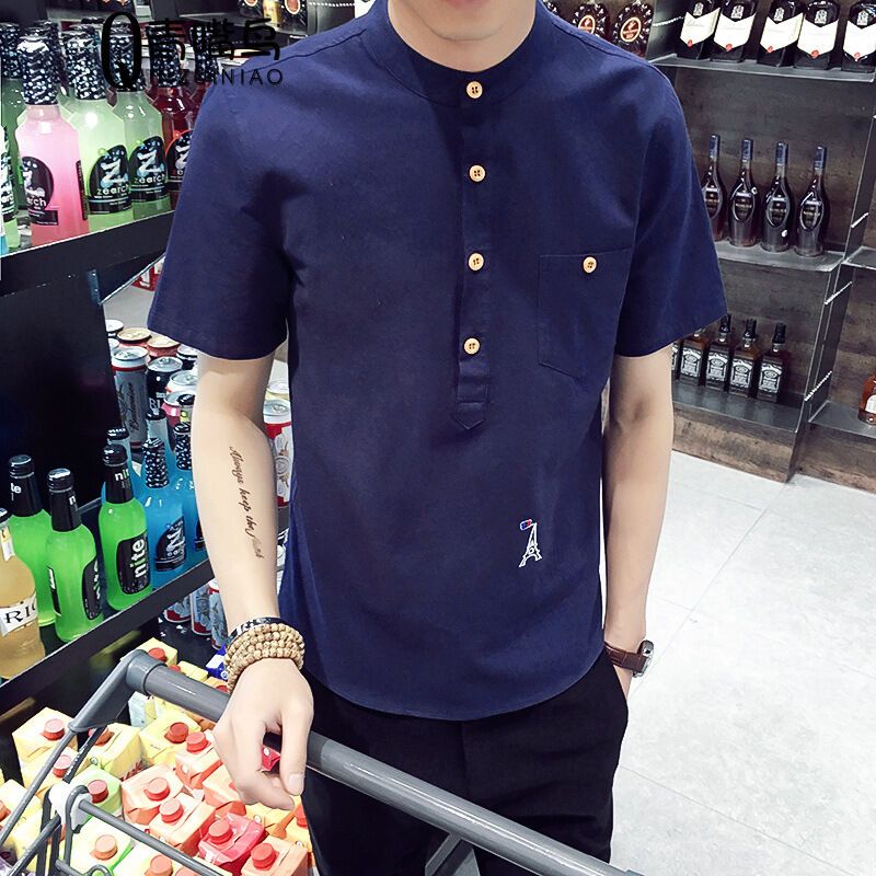 尊首新款20172017夏季新款棉麻刺绣衬衫男短袖韩版修身休闲中国风立领棉麻衬衣