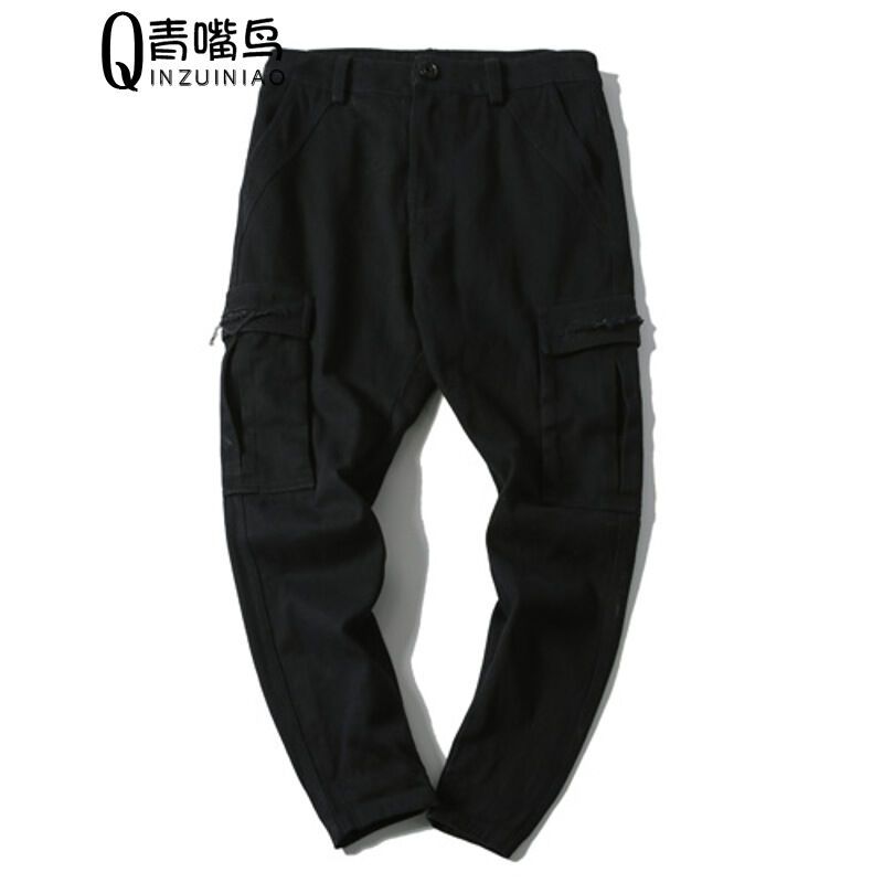 尊首新款20172017春季新款工装口袋割破帆布水洗做旧休闲裤潮男小直脚哈伦裤子