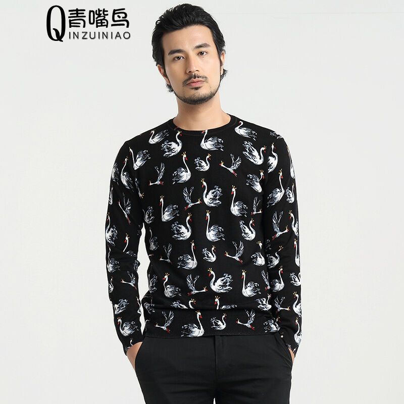 尊首新款20172017春秋毛衣男圆领韩版修身针织衫印花个性休闲大码打底衫羊毛衫黑色