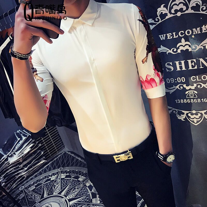 尊首新款2017夜店春夏衬衫男中袖韩版修身发型师美发店工作服印花衬衣潮男工装白色