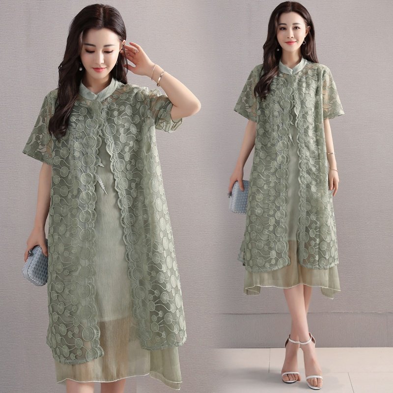 尊首新款2017年夏季时尚优雅简约百搭套装套裙绣花短袖外套+蕾丝连夏