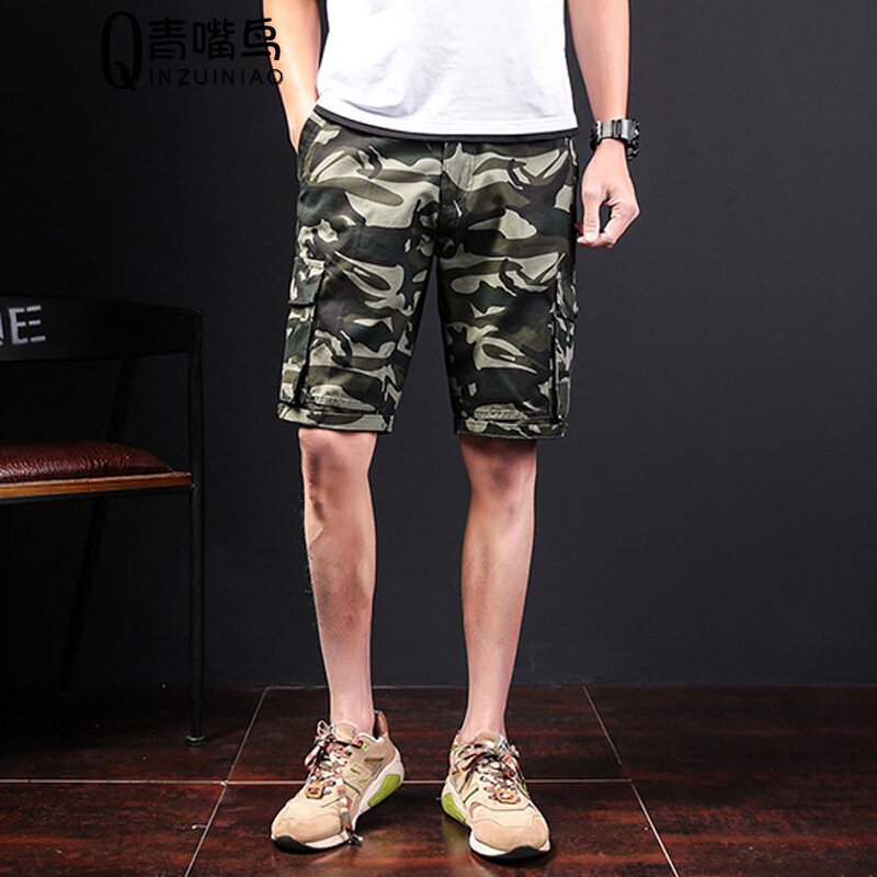 步来褶惠夏季男士休闲裤修身五分裤男裤迷彩裤迷彩五分裤直筒中裤潮工装裤夏