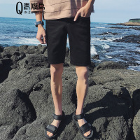 步来褶惠夏季新款纯色男士牛仔短裤5分裤黑色白色弹力修身牛仔裤学生青年夏