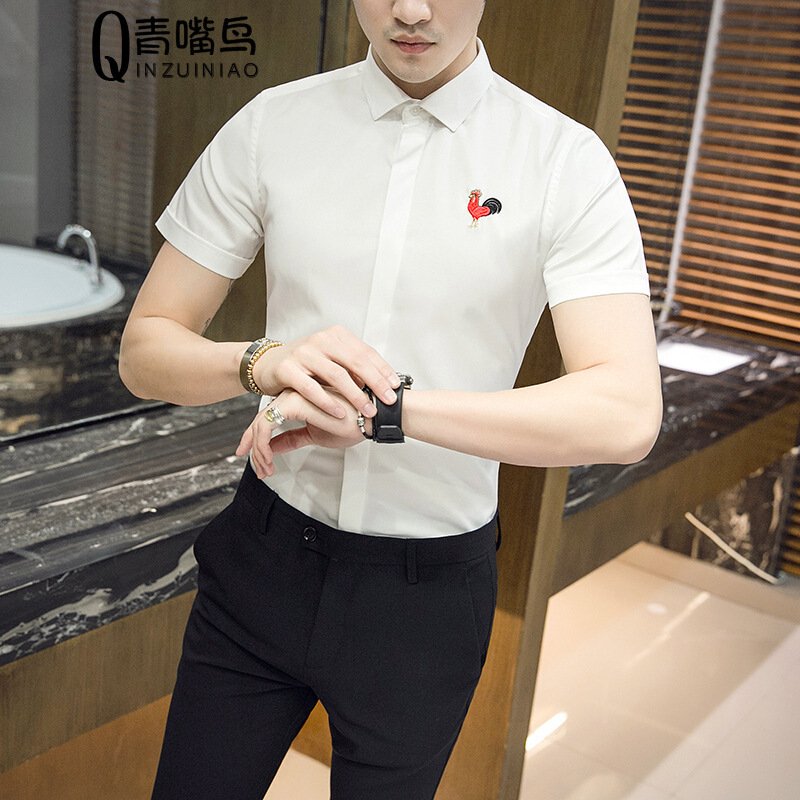 步来褶惠夏季薄款短袖衬衫男士土修身翻领刺绣打底衫青年商务休闲衬衫上衣夏