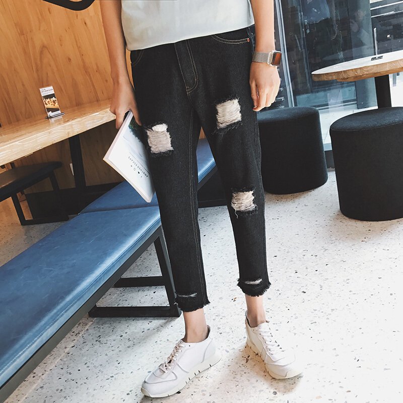 步来褶惠2017夏装港风潮九分裤破洞牛仔裤男小脚裤夏