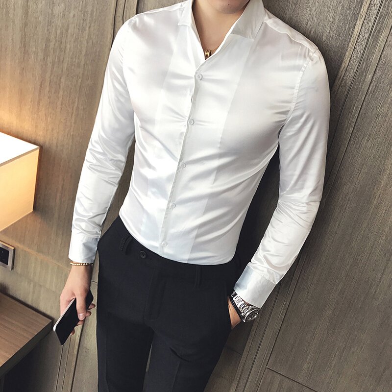 步来褶惠2017秋装纯色硬汉风英伦时尚休闲亮色长袖衬衫男夏