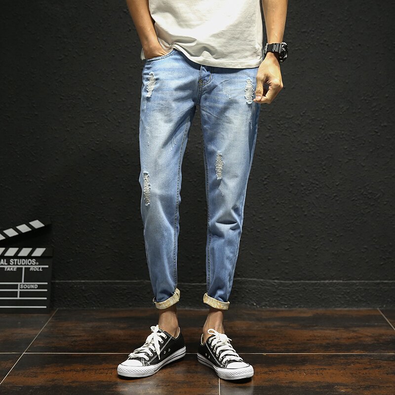 步来褶惠2017新款男士牛仔裤日系复古大码潮男九分裤子蓝色夏