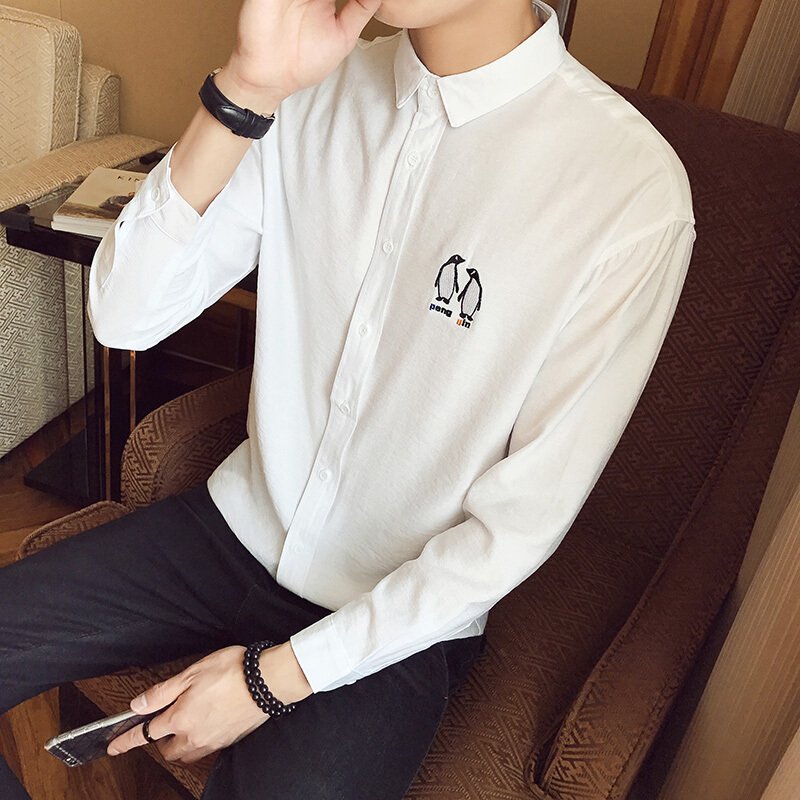 步来褶惠秋季潮流男装棉麻衬衣男士韩版宽松长袖衬衫夏