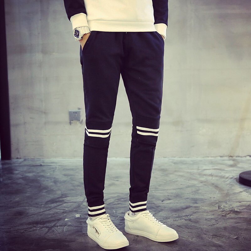 步来褶惠2017秋冬新款男装港风休闲运动裤男修身裤口罗纹休闲裤黑色夏